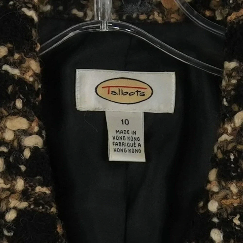 Talbots Blazer Women's Size 10 Black Tan Plaid Boucle Tweed Jacket Vintage‎